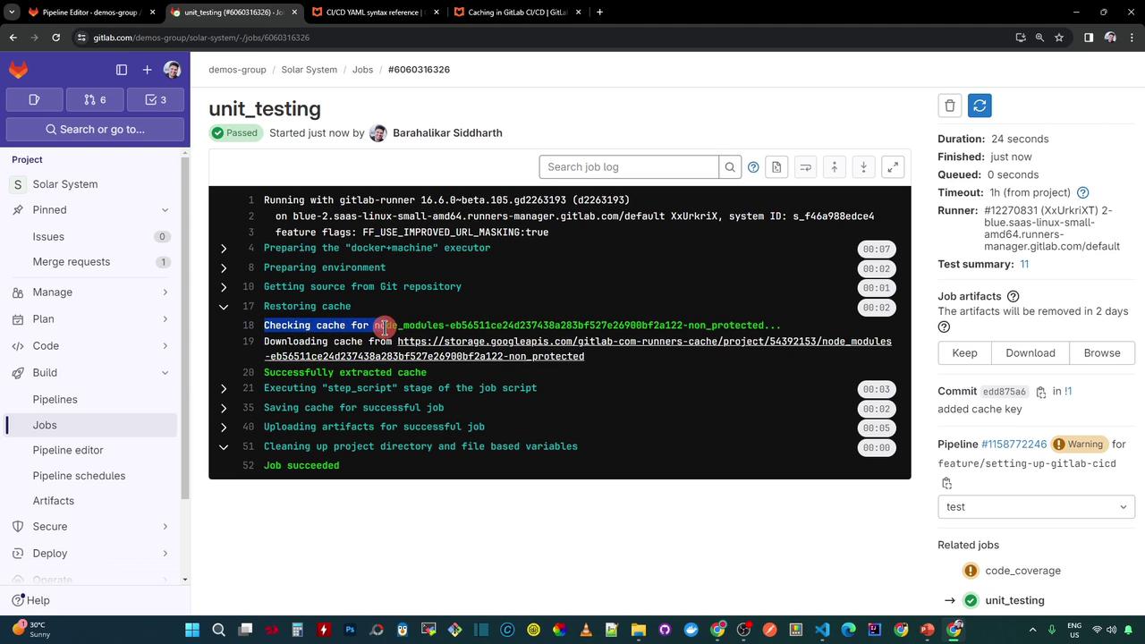 The image shows a GitLab CI/CD pipeline job interface with a successful unit testing job. The console output displays steps like restoring cache, executing scripts, and uploading artifacts.