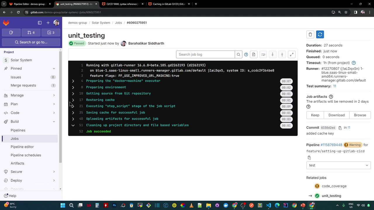 The image shows a GitLab CI/CD pipeline job interface with a successful unit testing job. The console output details the steps executed, and the job status is marked as "passed."