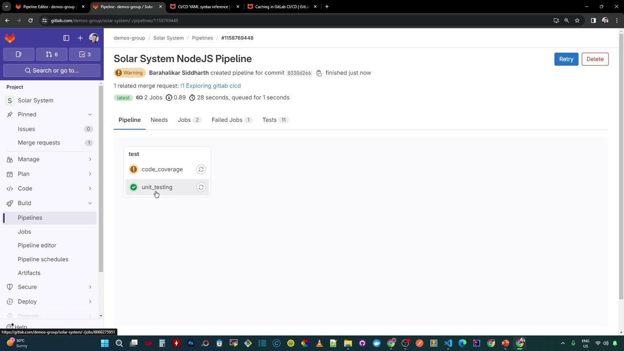 The image shows a GitLab CI/CD pipeline interface for a project named "Solar System NodeJS Pipeline," displaying the status of jobs like "code_coverage" and "unit_testing." The sidebar includes options for managing the project, such as issues, merge requests, and pipelines.