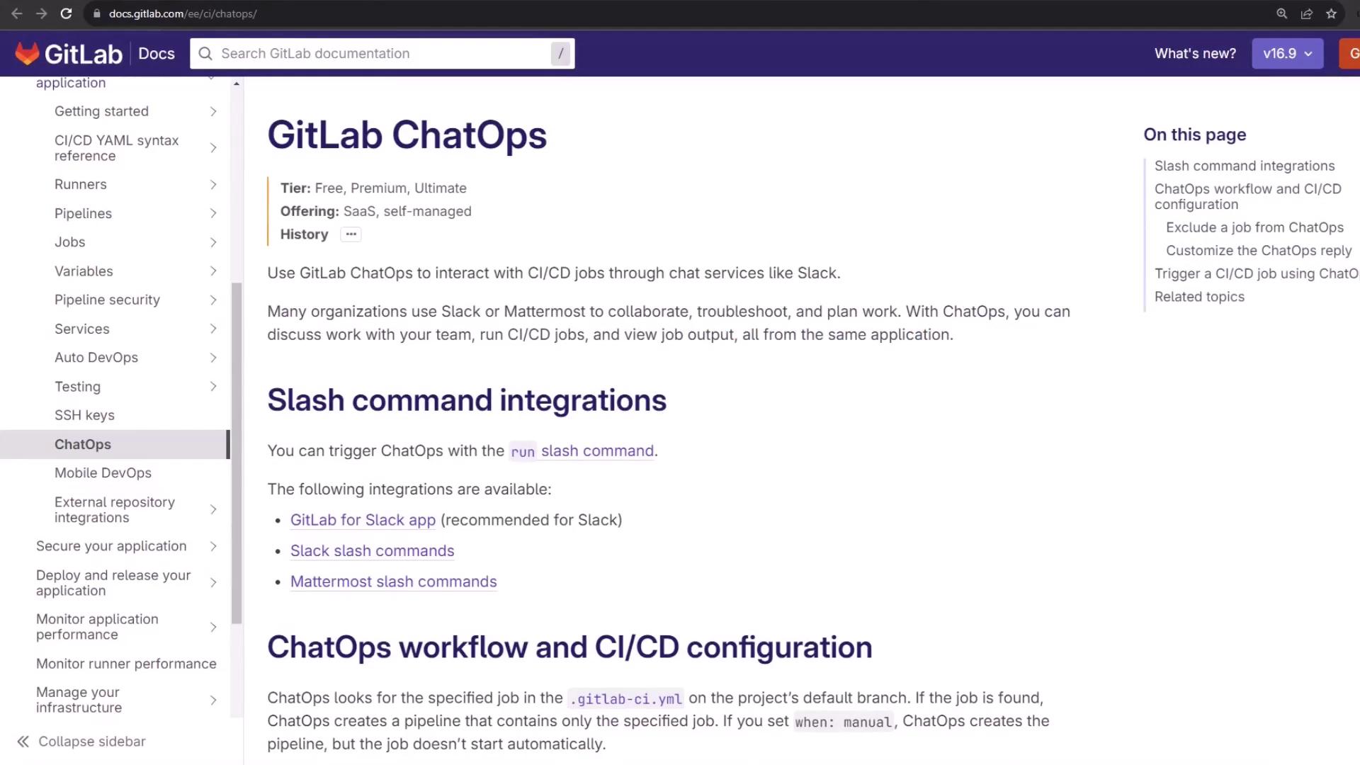 The image shows a GitLab documentation page about ChatOps, detailing its integration with CI/CD jobs through chat services like Slack, and includes information on slash command integrations and workflow configuration.