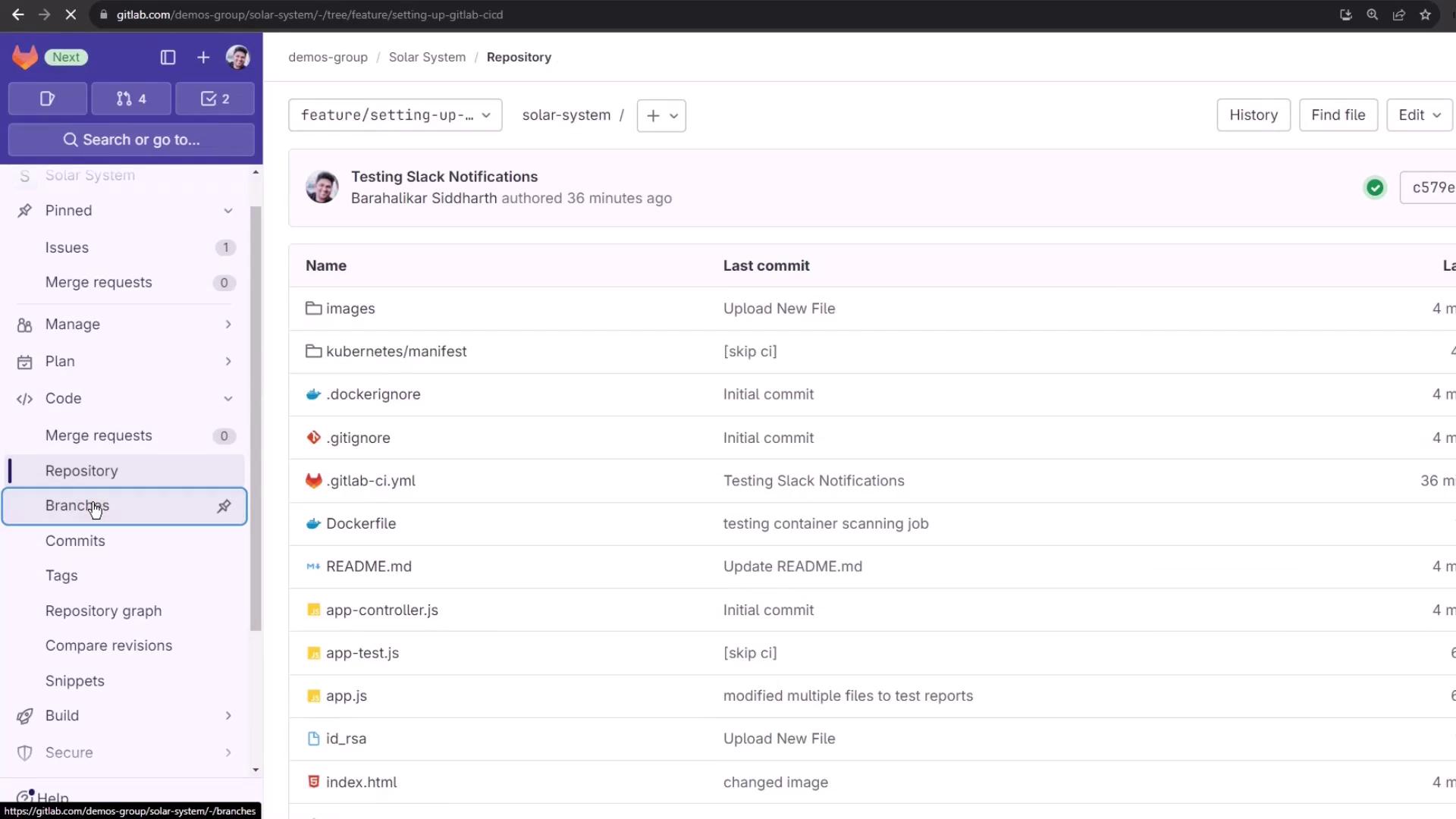The image shows a GitLab repository interface with a list of files and their last commit messages. The sidebar includes options like branches, commits, and merge requests.