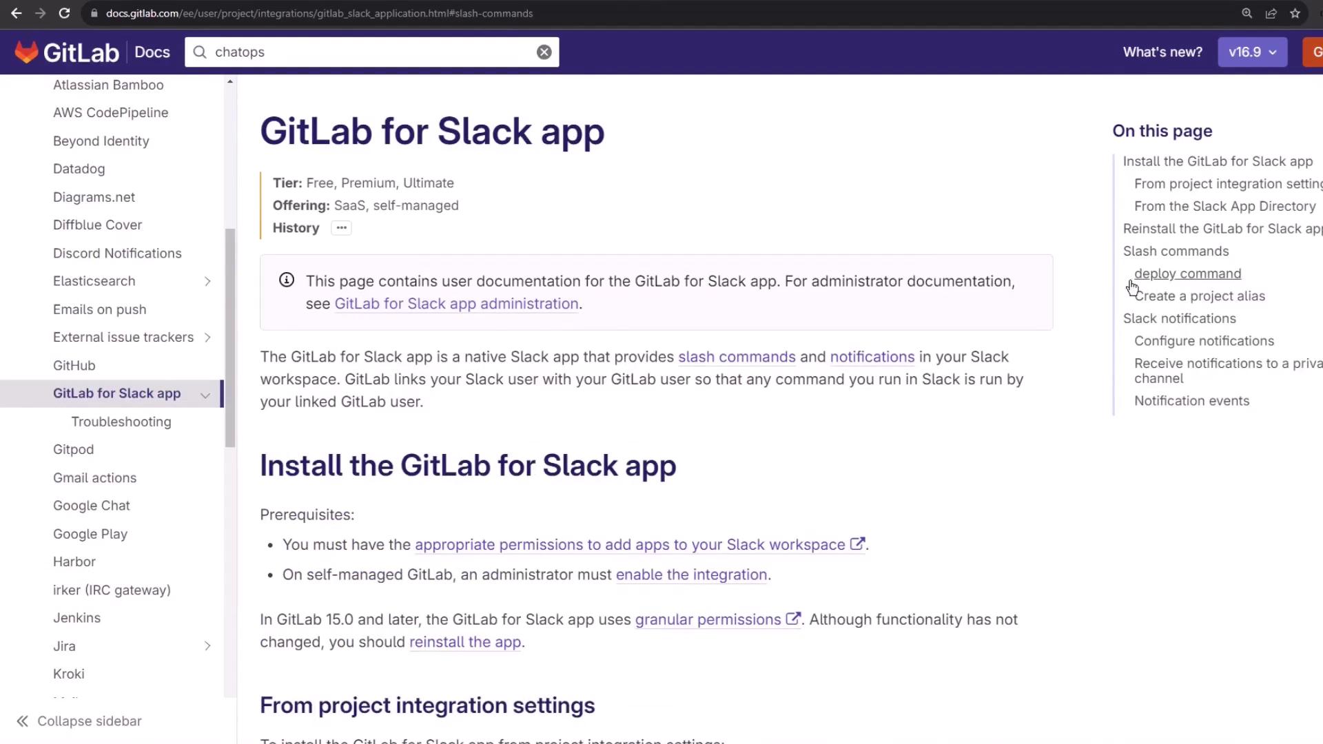 The image shows a webpage from GitLab documentation about the GitLab for Slack app, detailing installation instructions and features like slash commands and notifications.