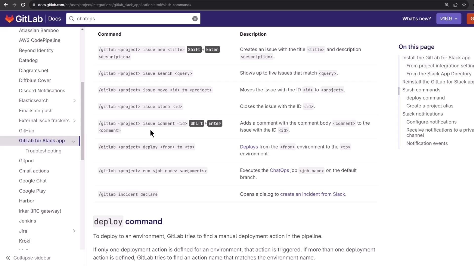 The image shows a GitLab documentation page detailing slash commands for the GitLab Slack app, with a list of commands and their descriptions.