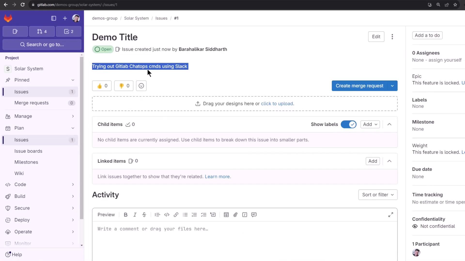 The image shows a GitLab interface with an open issue titled "Demo Title" in a project named "Solar System." It includes options for creating a merge request, adding labels, and managing child and linked items.