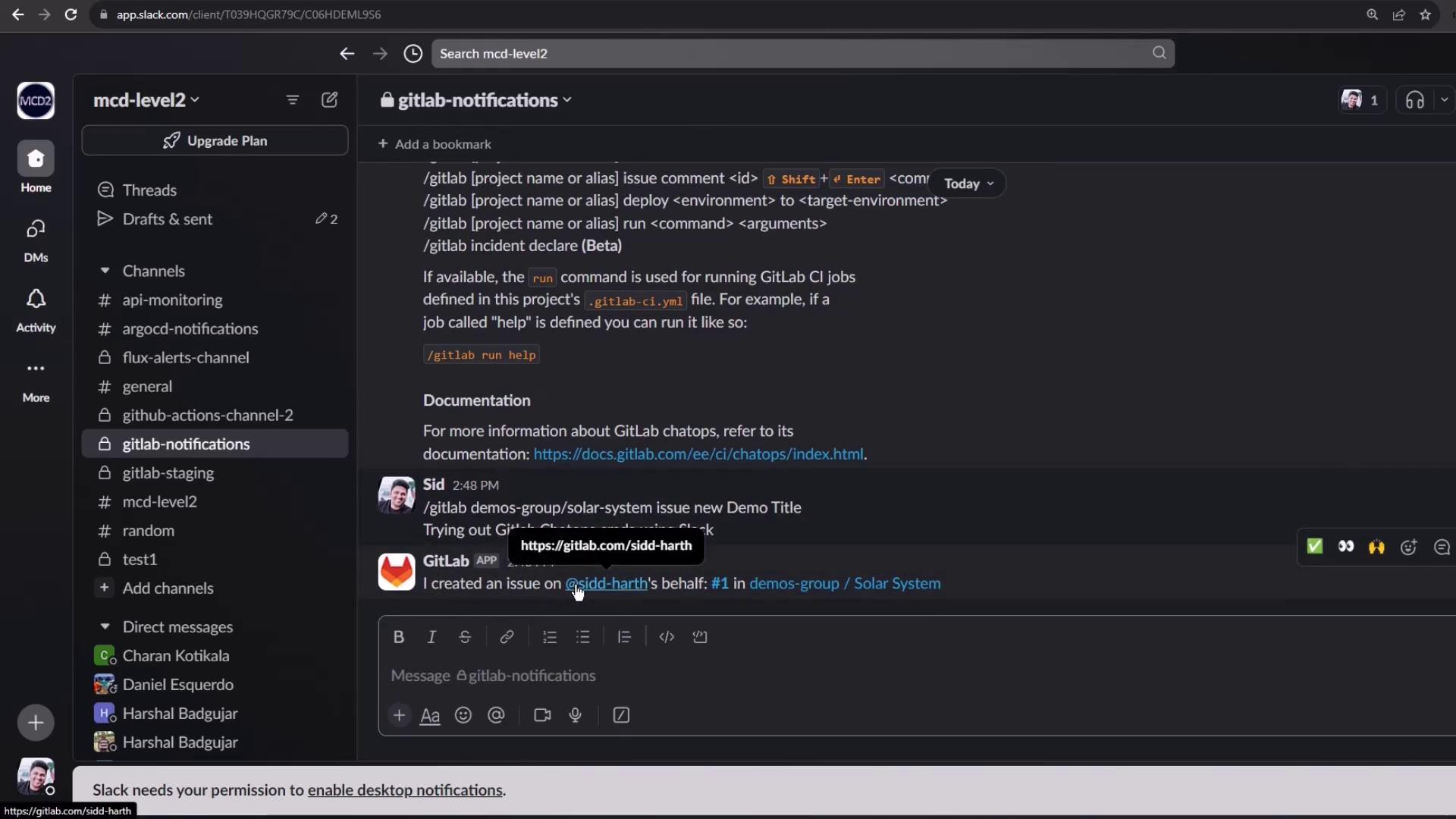 The image shows a Slack interface with a channel named "gitlab-notifications" open, displaying messages related to GitLab commands and notifications.