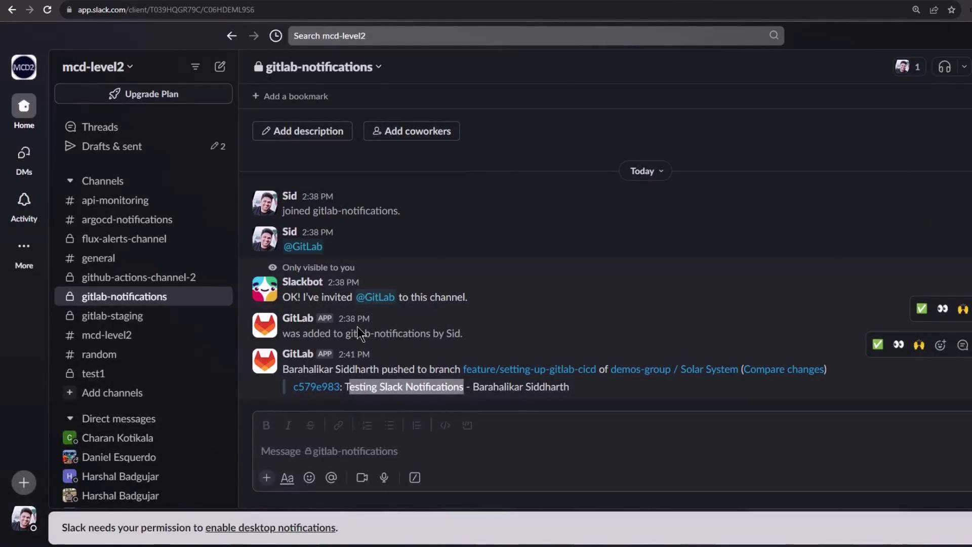 The image shows a Slack workspace with a channel named "gitlab-notifications" where users and bots are interacting, including notifications about GitLab activities.