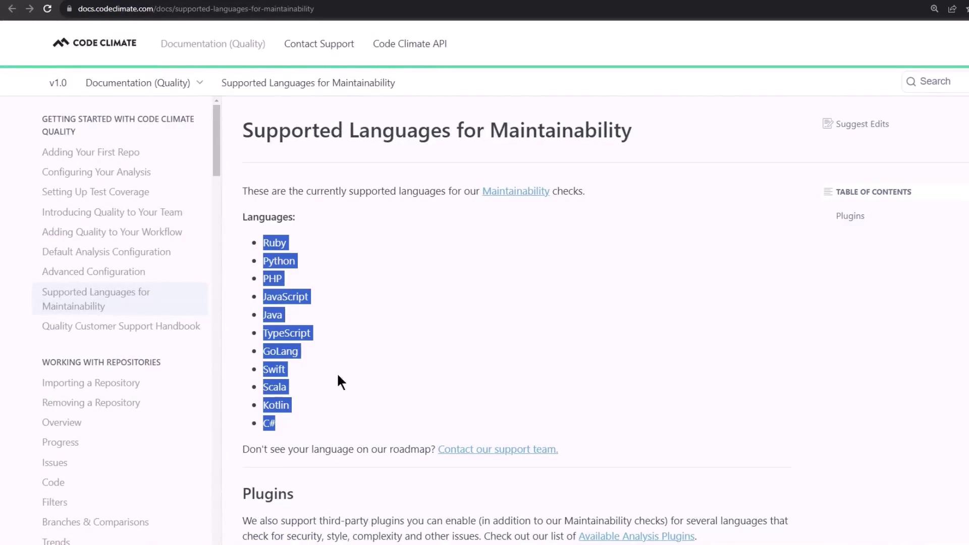 The image shows a webpage from Code Climate listing supported programming languages for maintainability checks, including Ruby, Python, PHP, JavaScript, and others. It also mentions support for third-party plugins.