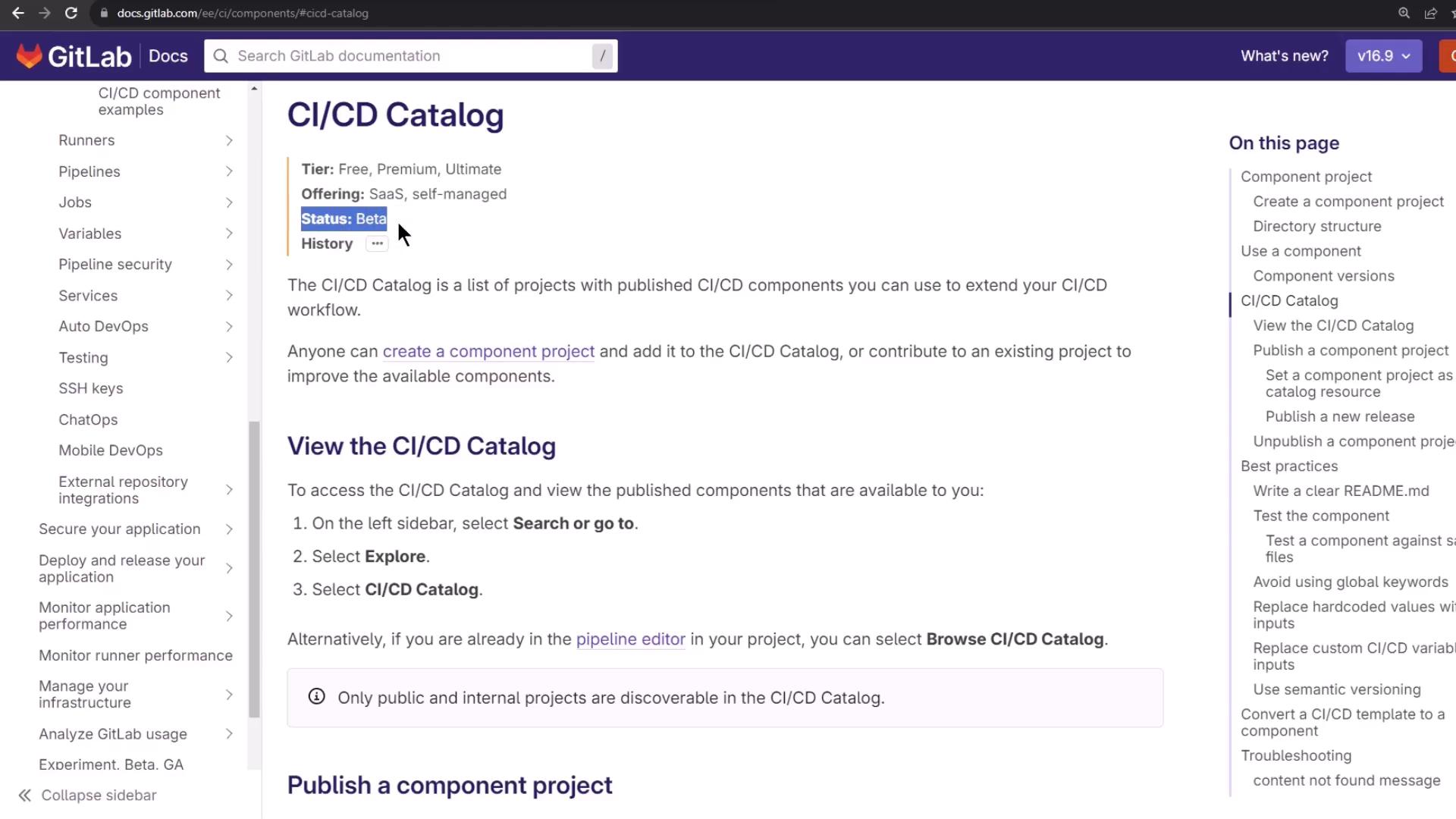 The image shows a GitLab documentation page about the CI/CD Catalog, detailing its tiers, offerings, and status, along with instructions on how to view and publish component projects.