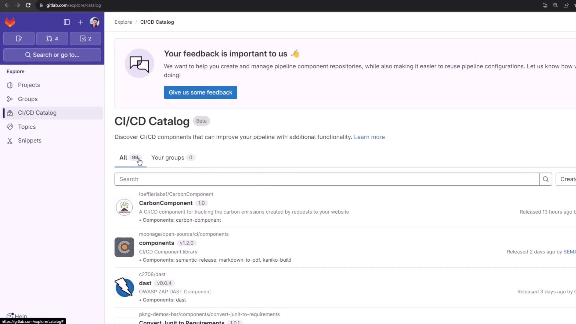 The image shows a GitLab CI/CD Catalog interface with a list of components available for improving pipeline functionality. It includes a feedback section and a search bar for exploring components.