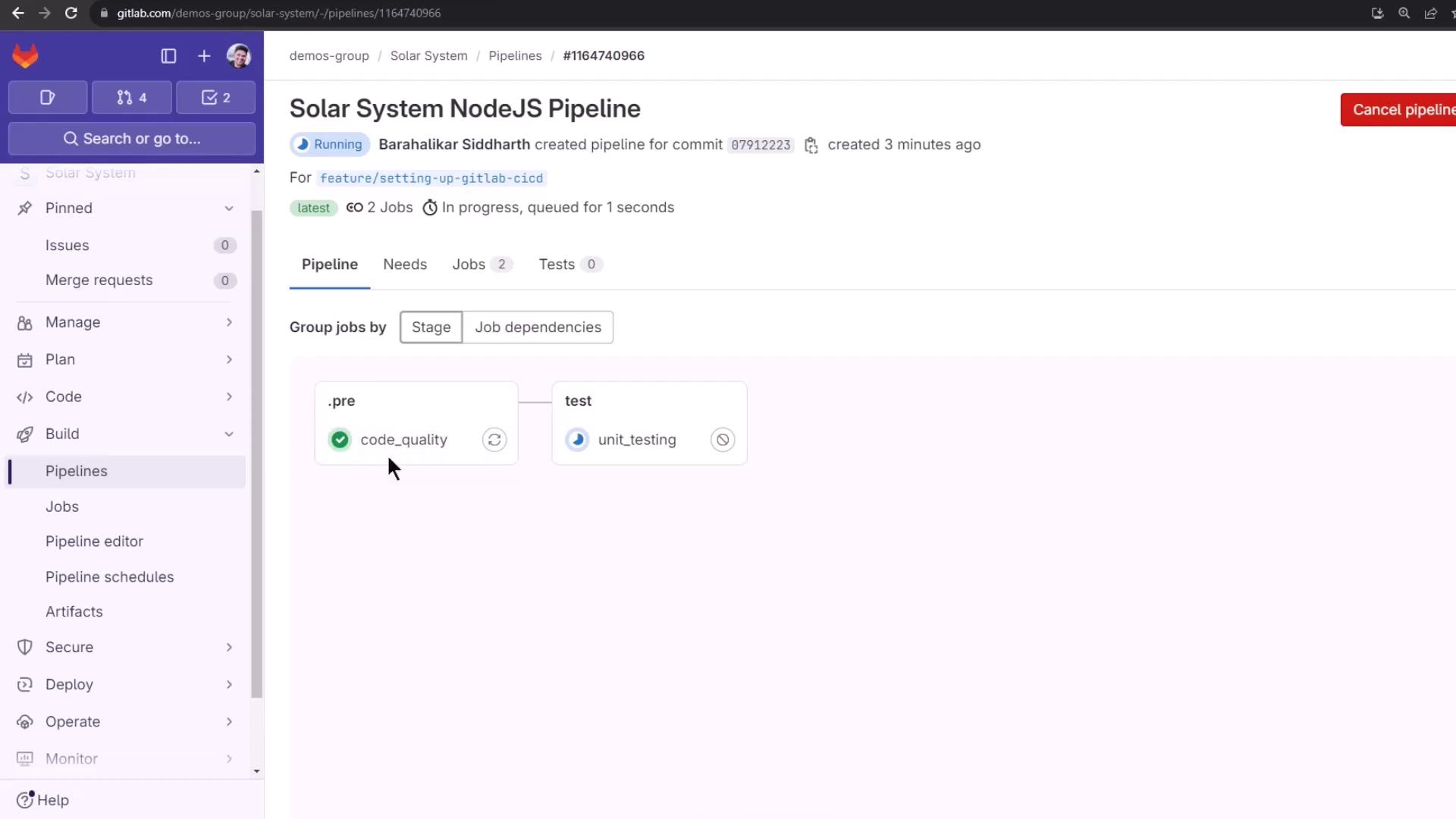 The image shows a GitLab CI/CD pipeline interface for a NodeJS project, displaying stages for code quality and unit testing. The pipeline is currently running, with one job in progress.