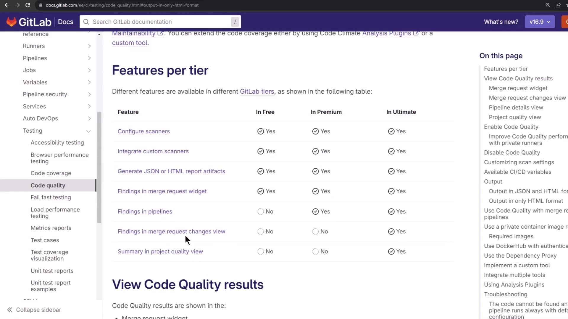 The image shows a GitLab documentation page detailing features available per tier (Free, Premium, Ultimate) for code quality. It includes a table listing features like configuring scanners and generating report artifacts.