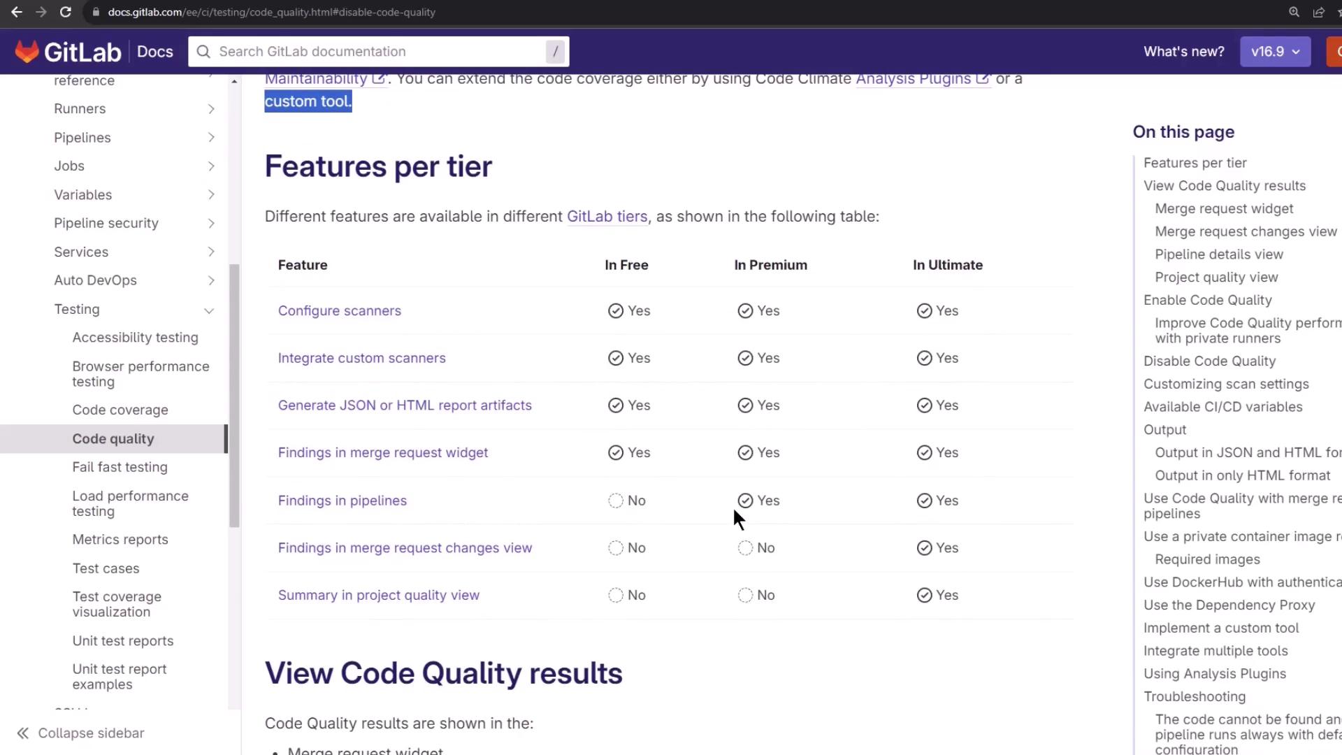 The image shows a GitLab documentation page detailing features available per tier (Free, Premium, Ultimate) for code quality. It includes a table listing features like configuring scanners and generating report artifacts, with a sidebar for navigation.