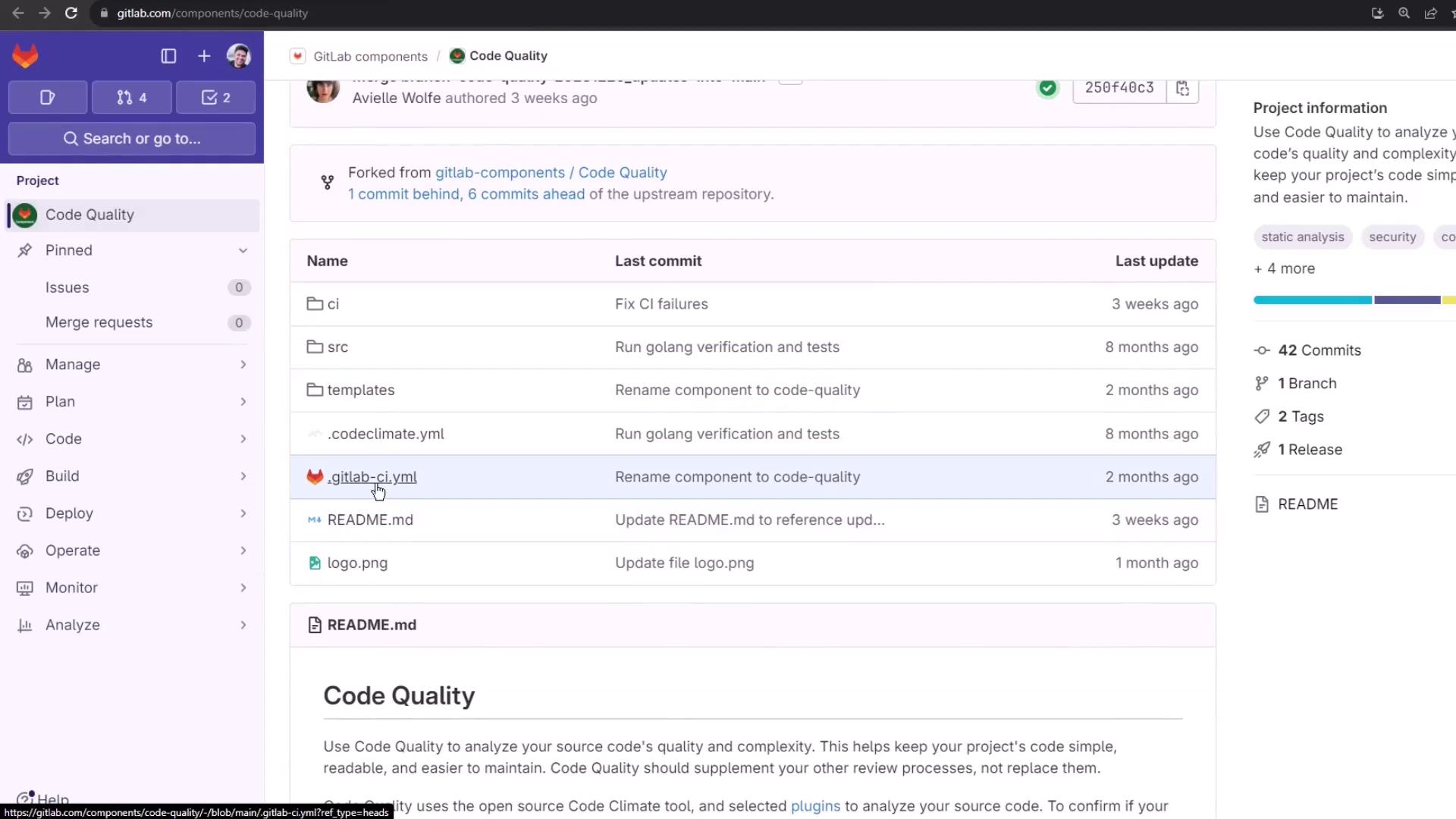 The image shows a GitLab repository interface for a project named "Code Quality," displaying a list of files and folders with their last commit messages and update times.