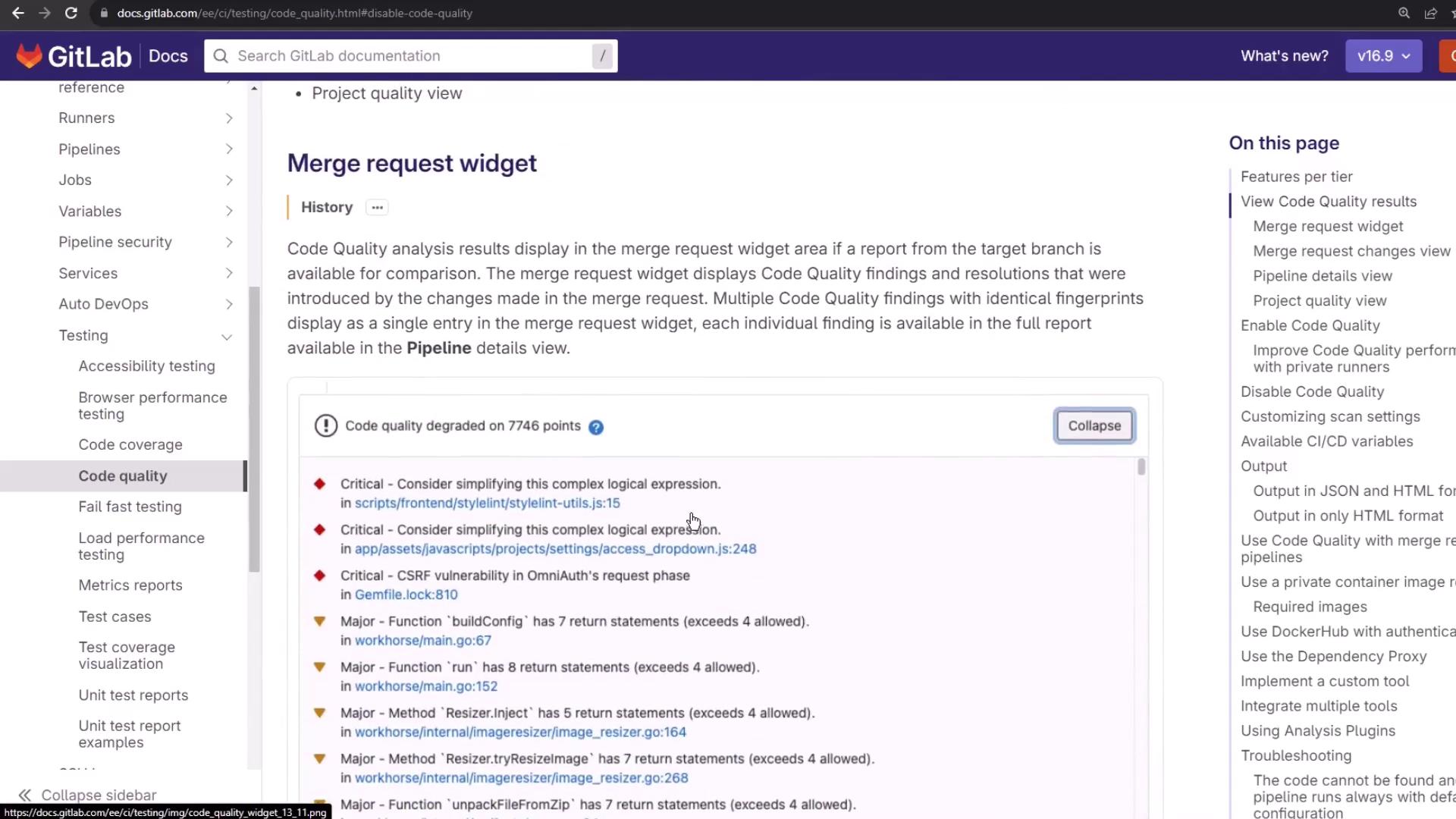 The image shows a GitLab documentation page about the "Merge request widget" for code quality analysis. It includes a list of code quality issues with their severity levels and file locations.