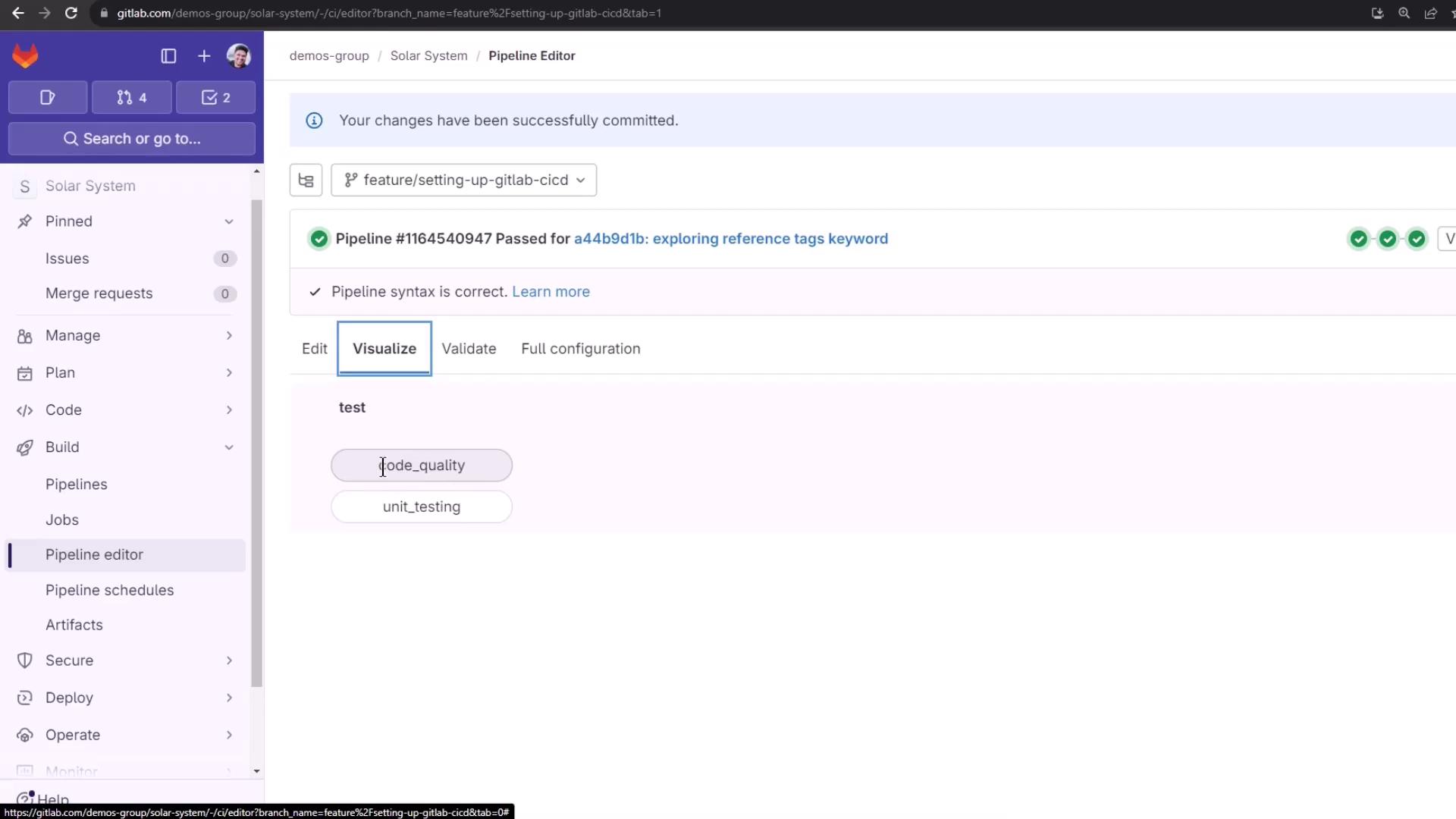 The image shows a GitLab interface with a pipeline editor, indicating a successful pipeline run with stages for code quality and unit testing. The sidebar includes options like Issues, Merge requests, and Pipelines.