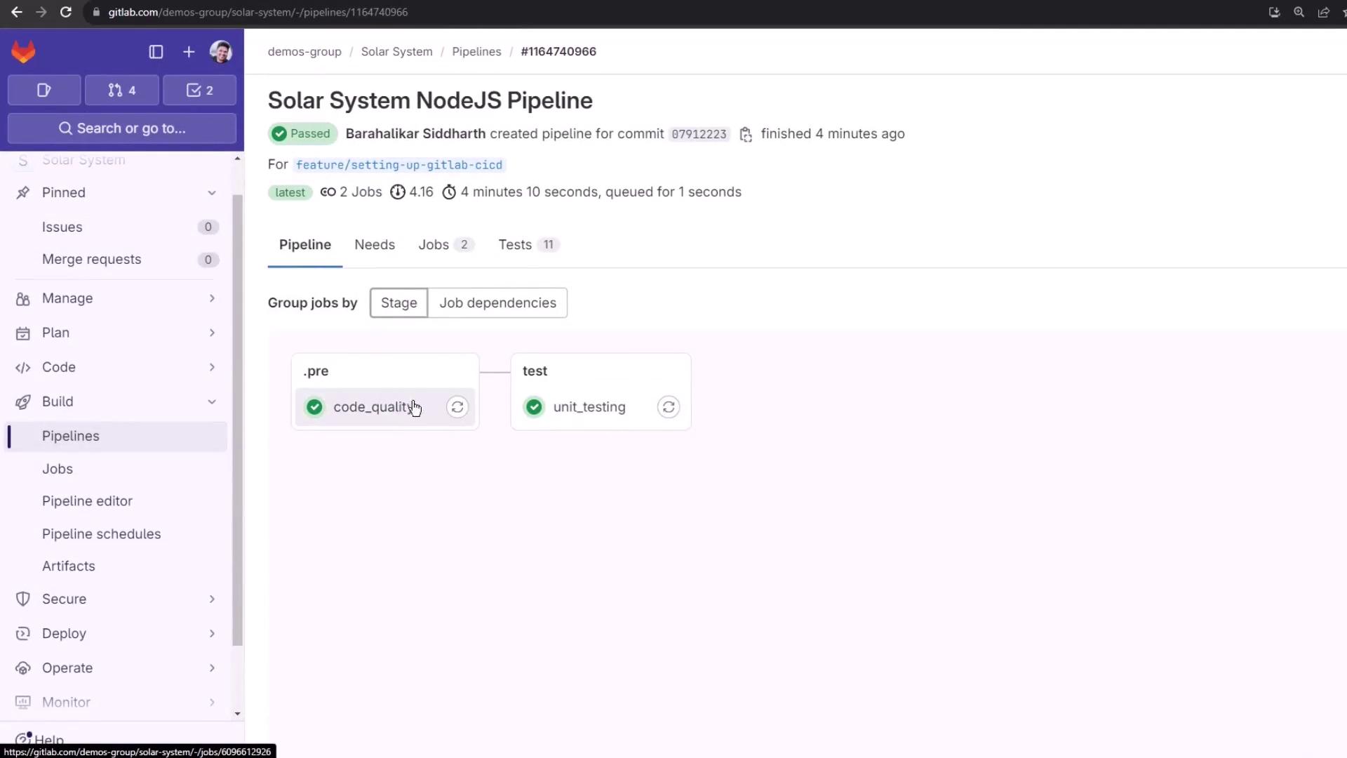 The image shows a GitLab pipeline interface for a NodeJS project, displaying a successful pipeline run with stages for code quality and unit testing.