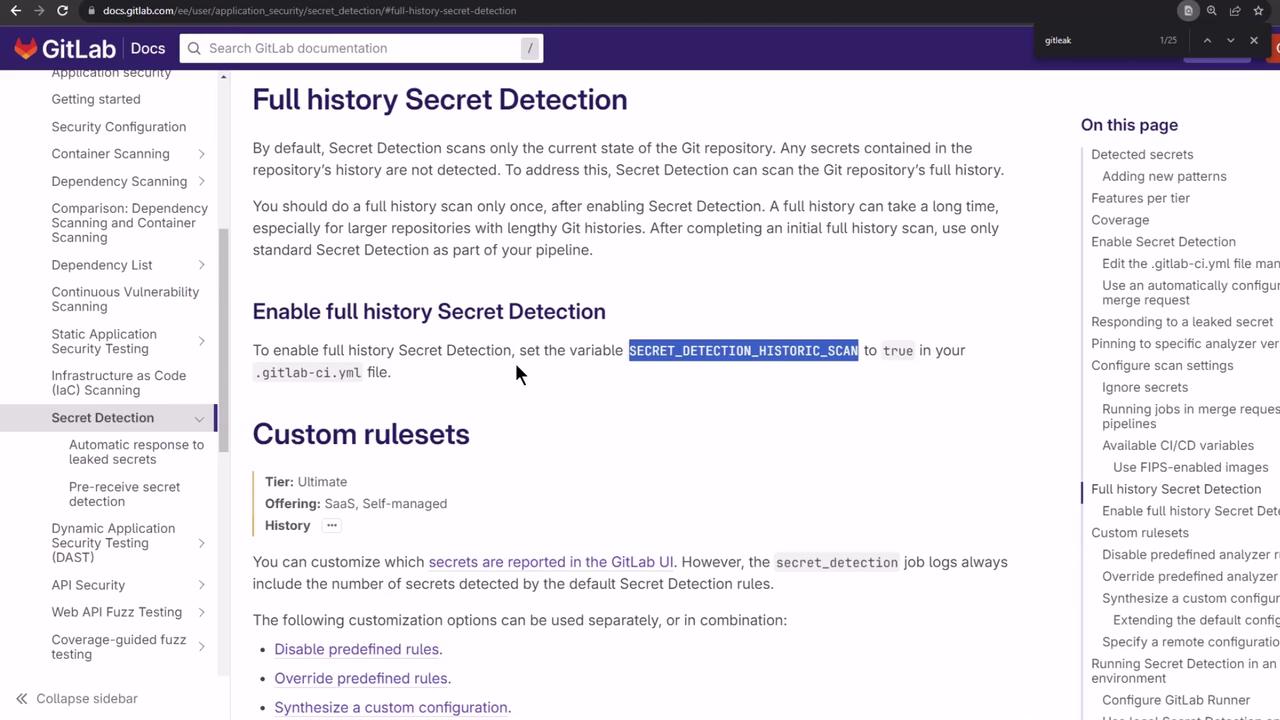 The image shows a GitLab documentation page about "Full history Secret Detection," explaining how to enable it and customize rulesets. The sidebar lists related topics.