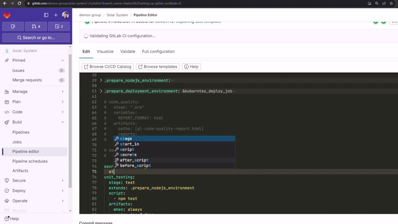 The image shows a GitLab Pipeline Editor interface with YAML code for configuring CI/CD pipelines. The code includes sections for preparing environments and unit testing, with a dropdown menu suggesting code options.