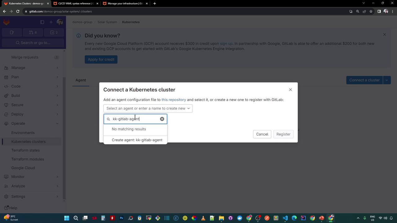 The image shows a GitLab interface with a pop-up window for connecting a Kubernetes cluster, where a user is entering a name for a new agent.