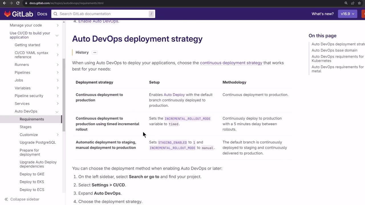 The image shows a GitLab documentation page detailing the "Auto DevOps deployment strategy," including different deployment strategies, their setup, and methodology. The sidebar contains navigation links for various related topics.
