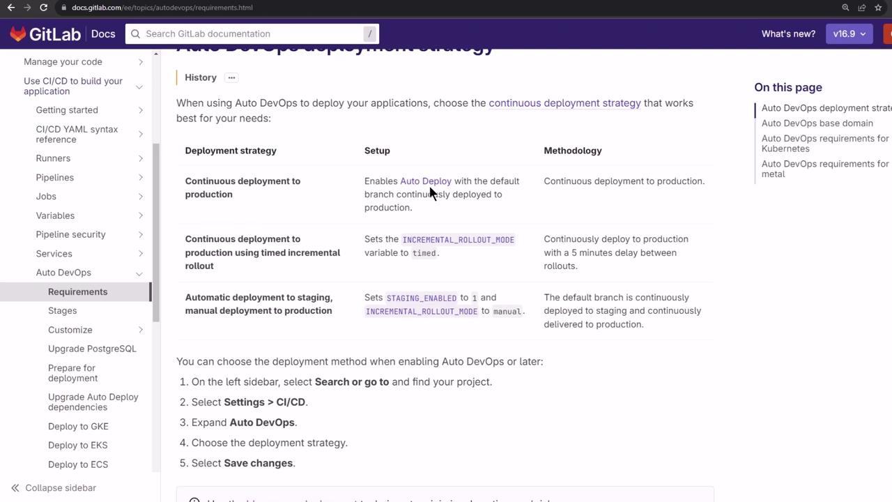 The image shows a GitLab documentation page about Auto DevOps deployment strategies, detailing different deployment methods and their setups. It includes a sidebar with navigation options and a table comparing deployment strategies.
