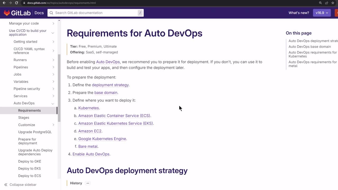 The image shows a GitLab documentation page detailing the requirements for Auto DevOps, including steps for deployment preparation and options for deployment environments like Kubernetes and Amazon ECS.