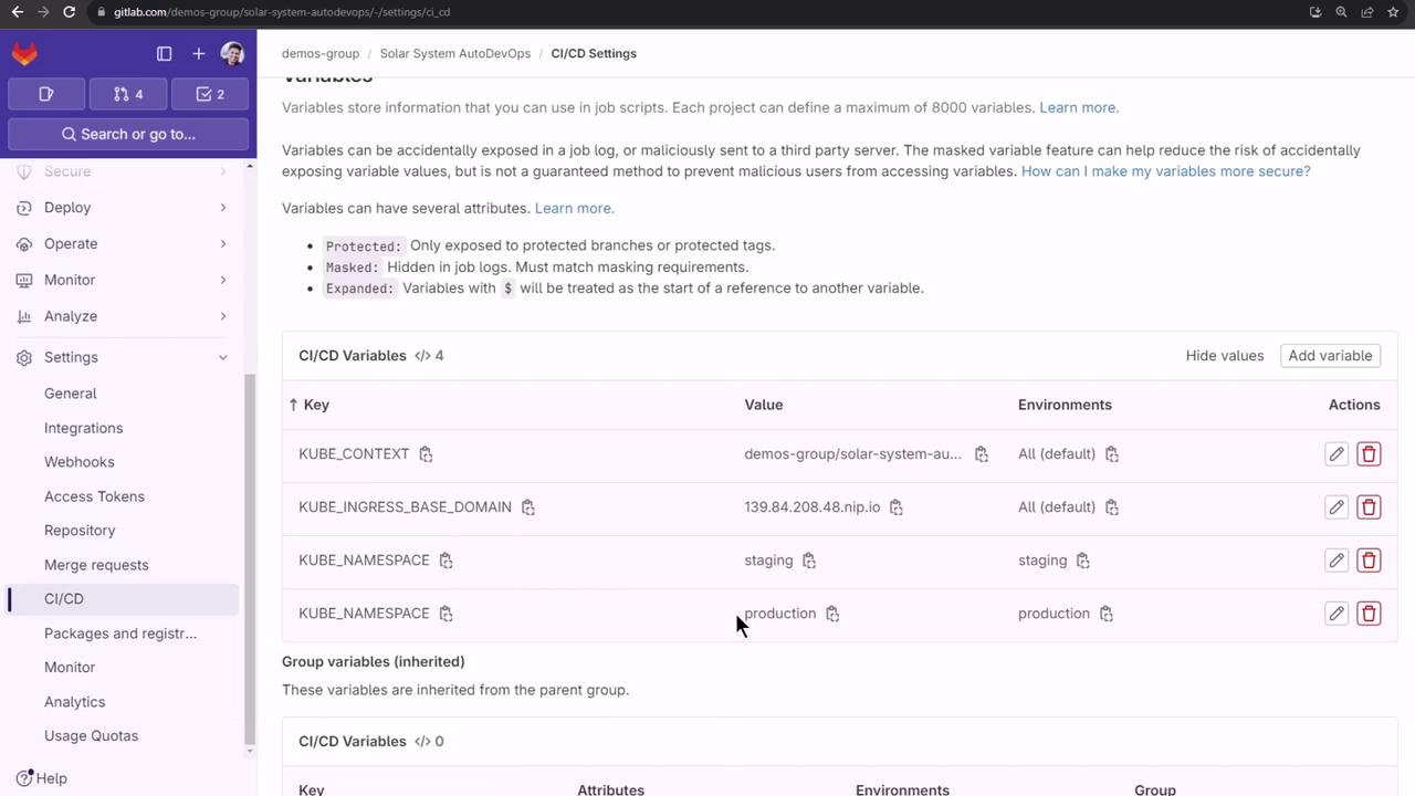 The image shows a GitLab CI/CD settings page with a list of variables, their values, environments, and actions. The sidebar includes navigation options like Settings, Deploy, and Monitor.