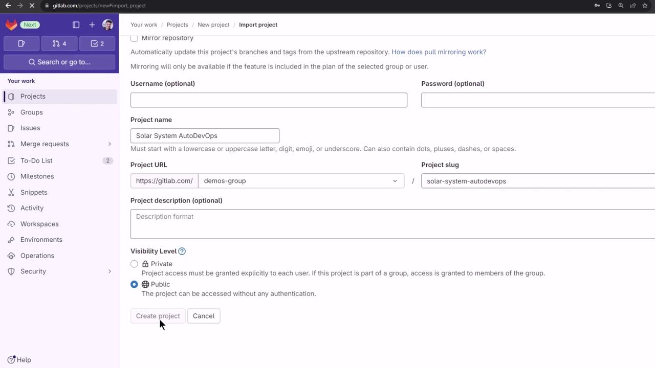 The image shows a GitLab interface for importing a new project, with fields for project name, URL, and visibility settings. The "Create project" button is highlighted.