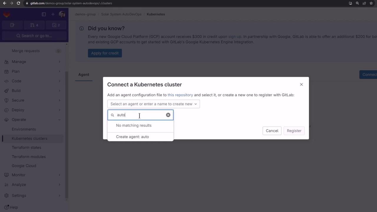 The image shows a GitLab interface where a user is attempting to connect a Kubernetes cluster by selecting or creating an agent. A dropdown menu is visible with the option to create a new agent named "auto."