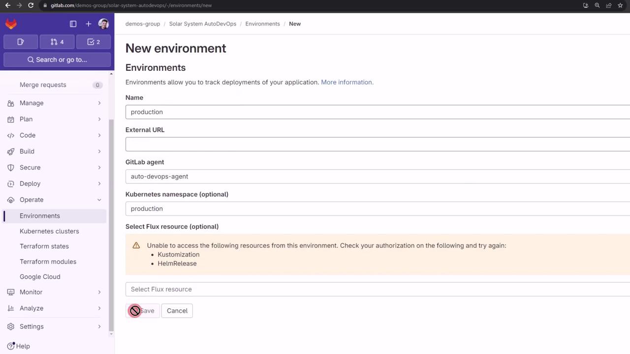 The image shows a GitLab interface for creating a new environment, with fields for name, external URL, GitLab agent, and Kubernetes namespace. There is a warning about authorization issues with accessing certain resources.