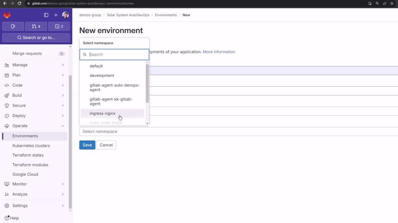 The image shows a GitLab interface where a user is creating a new environment and selecting a namespace from a dropdown menu.