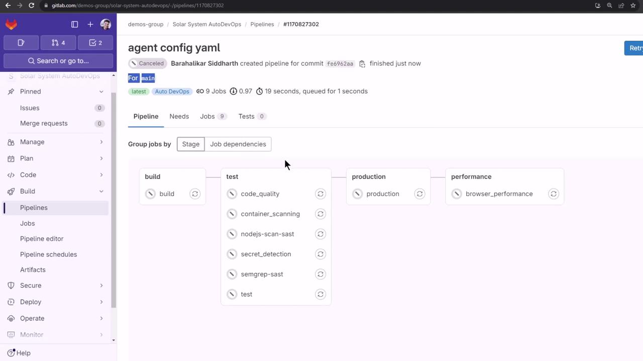The image shows a GitLab pipeline interface with stages for build, test, production, and performance, displaying job dependencies and statuses.