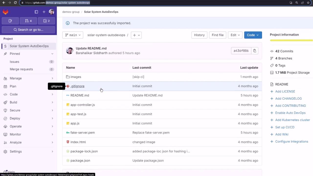 The image shows a GitLab project interface for "Solar System AutoDevOps," displaying a list of files and their last commit details. The sidebar includes options for managing, planning, and deploying the project.
