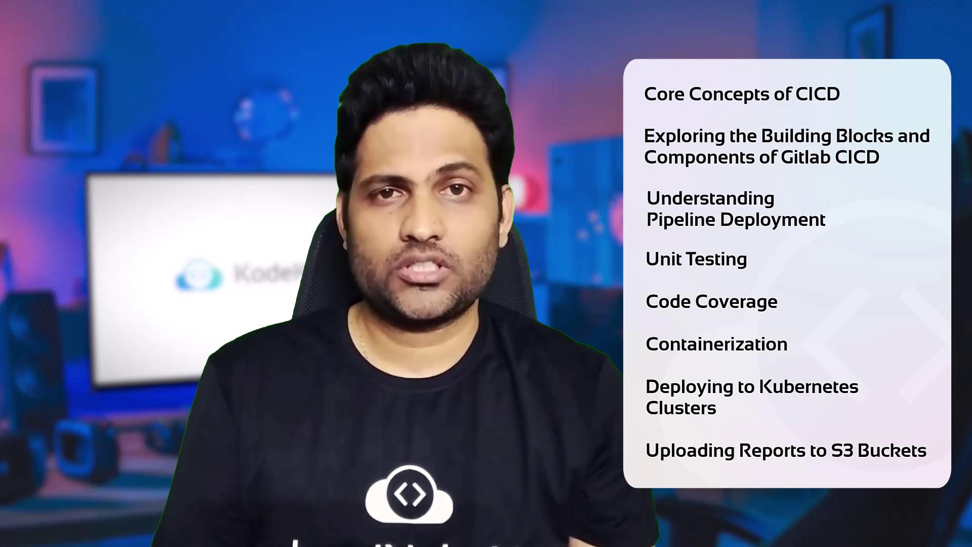 The image shows a person in front of a blurred background with a list of topics related to CI/CD, including pipeline components, deployment, testing, and more.