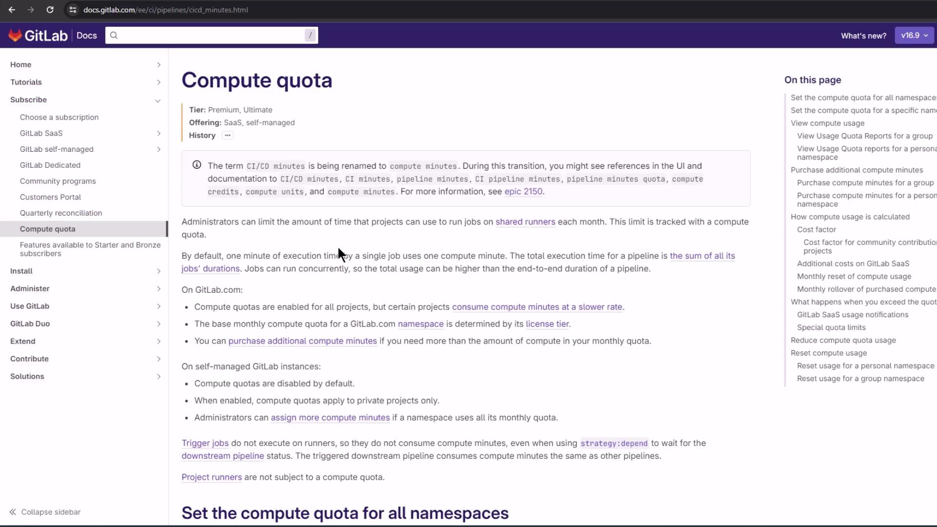 The image shows a GitLab documentation page about "Compute quota," detailing how administrators can manage the time projects use for running jobs. It includes navigation links on the left and a table of contents on the right.