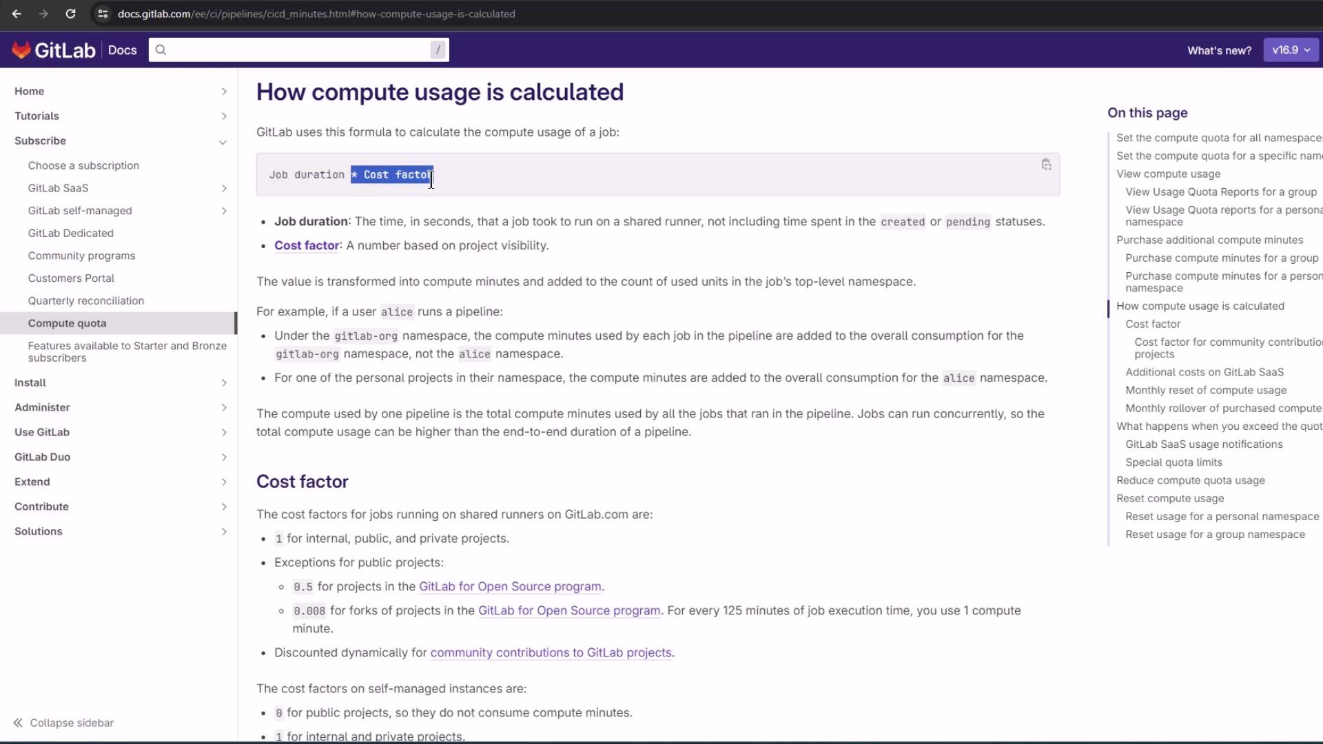 The image shows a GitLab documentation page explaining how compute usage is calculated, including details on job duration and cost factors. The page includes a sidebar with navigation links related to compute quota and usage.