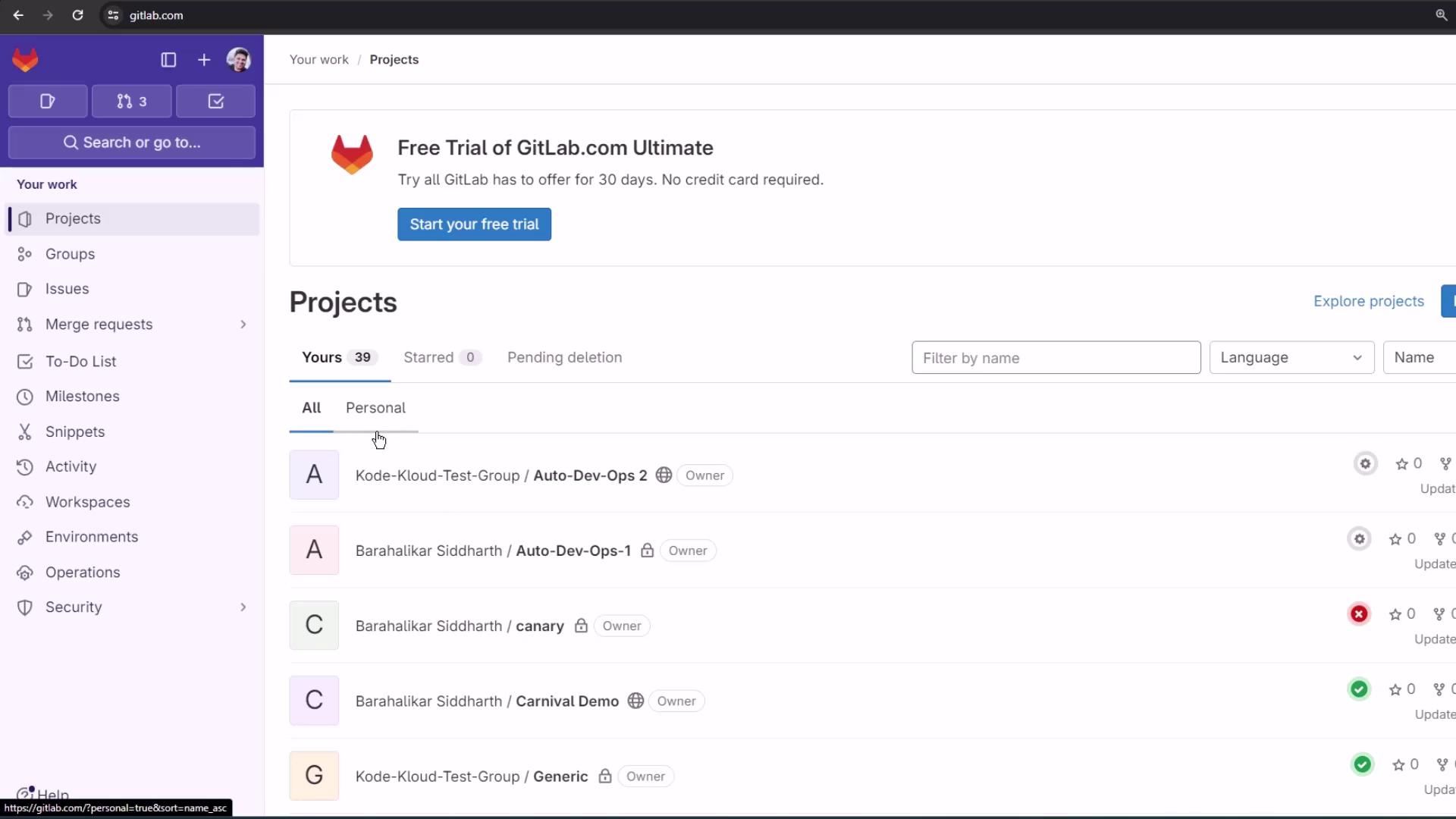 The image shows a GitLab dashboard with a list of personal projects and an option to start a free trial of GitLab.com Ultimate.