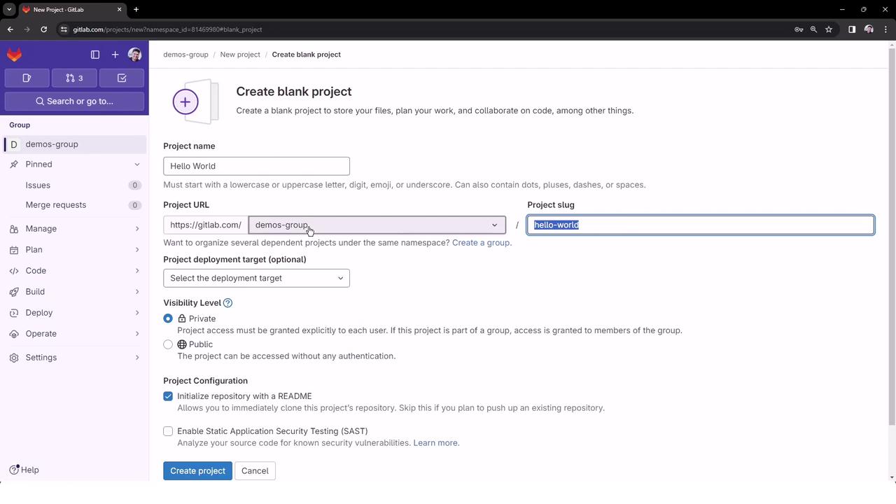 The image shows a GitLab interface for creating a blank project, with fields for project name, URL, and visibility settings. Options for initializing a repository with a README and enabling security testing are also visible.