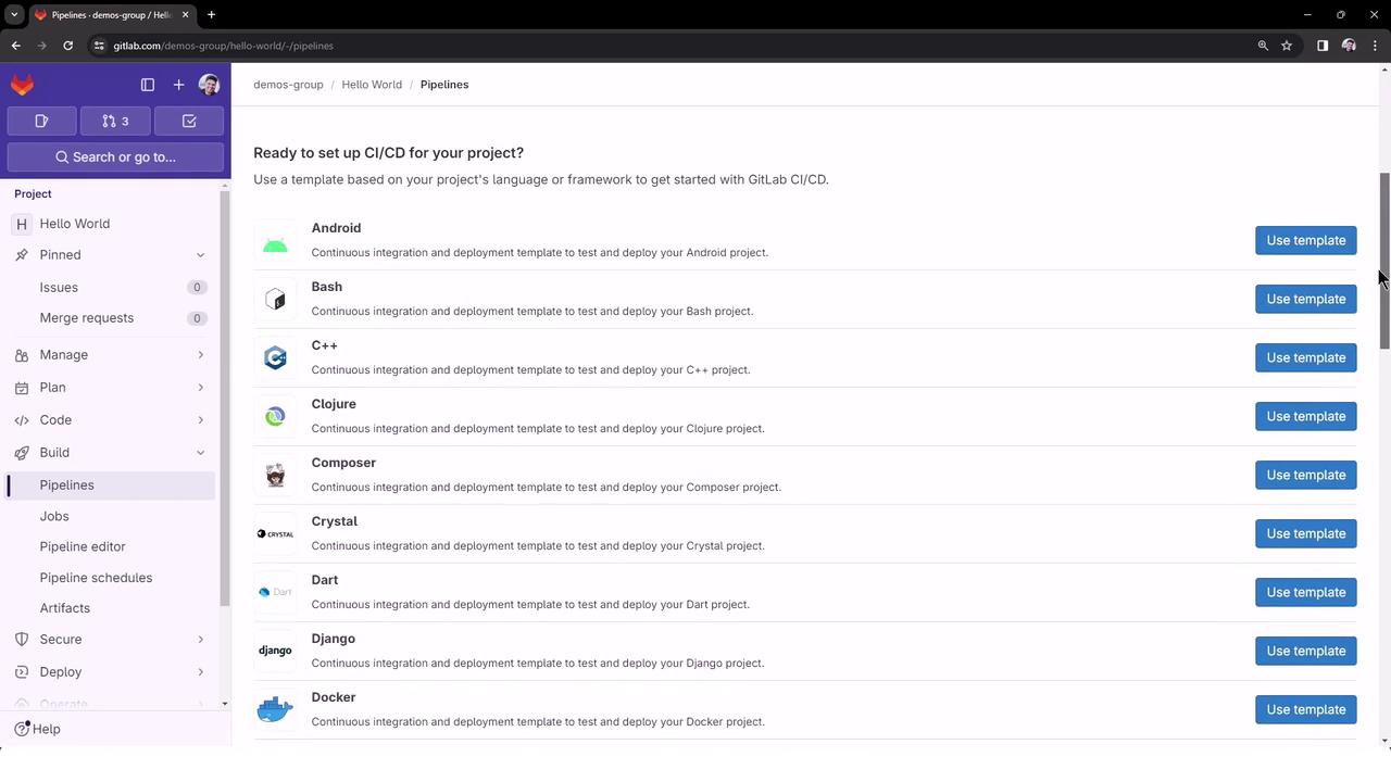 The image shows a GitLab interface with a list of CI/CD templates for various programming languages and frameworks, such as Android, Bash, and C++. Each entry has a "Use template" button.