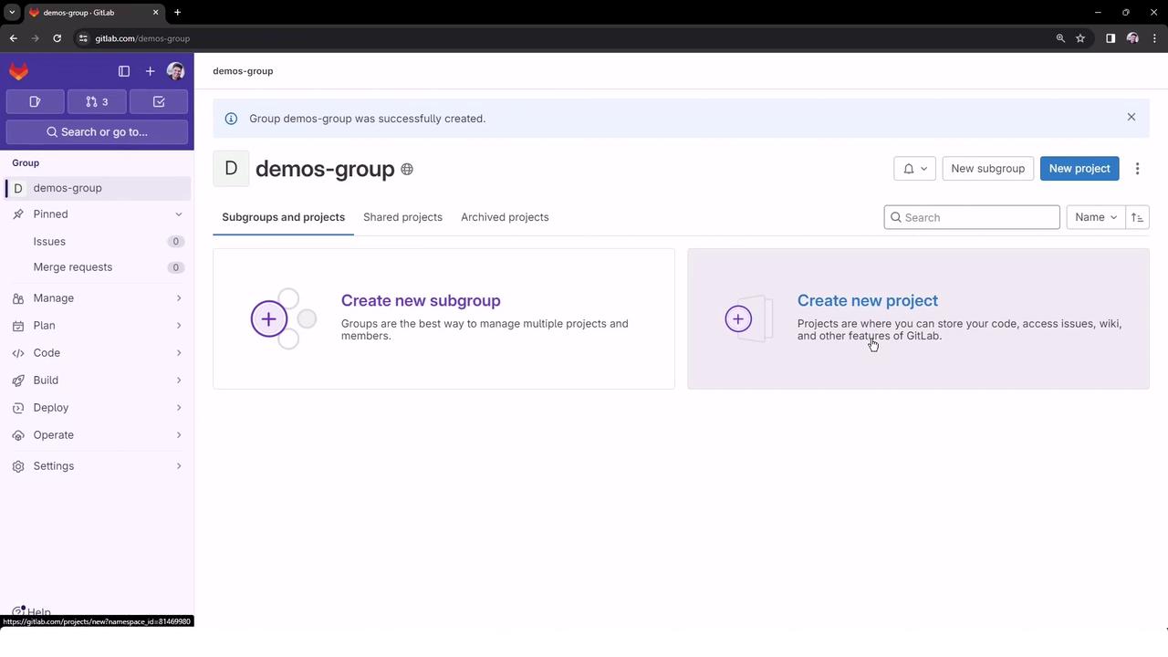 The image shows a GitLab interface where a group named "demos-group" has been successfully created. It offers options to create a new subgroup or a new project.
