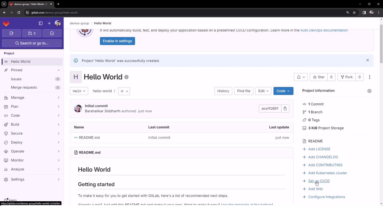 The image shows a GitLab project page for a "Hello World" repository. It includes details like the initial commit, project information, and a README file.