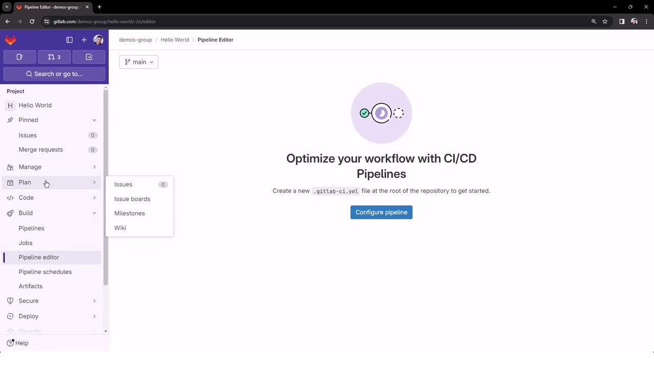 The image shows a GitLab interface with a focus on the Pipeline Editor, suggesting the creation of a CI/CD pipeline by configuring a `.gitlab-ci.yml` file. The sidebar displays project navigation options like "Plan" and "Code."
