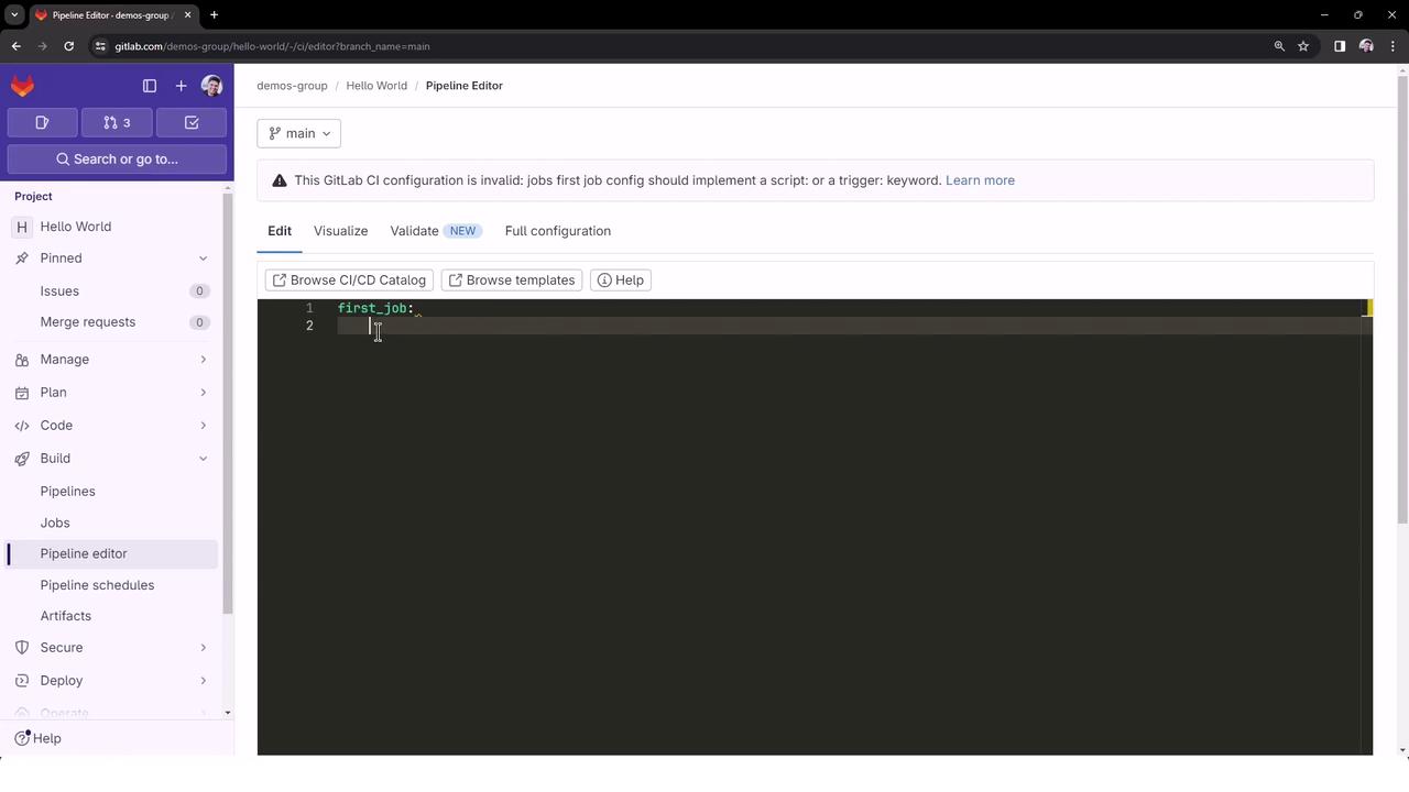 The image shows a GitLab Pipeline Editor with an invalid CI configuration error message, indicating that a job configuration is missing a script or trigger keyword.