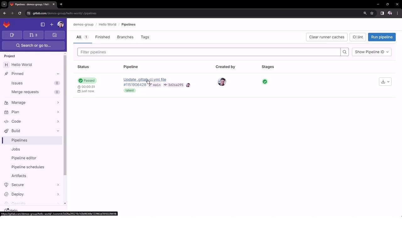 The image shows a GitLab pipeline interface with a "Passed" status for a recent update to a `.gitlab-ci.yml` file. The sidebar includes options like Issues, Merge requests, and Pipelines.