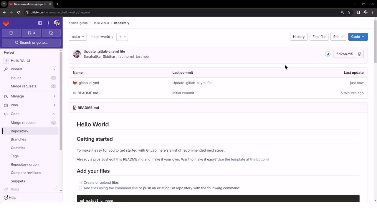 The image shows a GitLab repository interface with a file list and a README.md file open, displaying instructions for getting started with GitLab.
