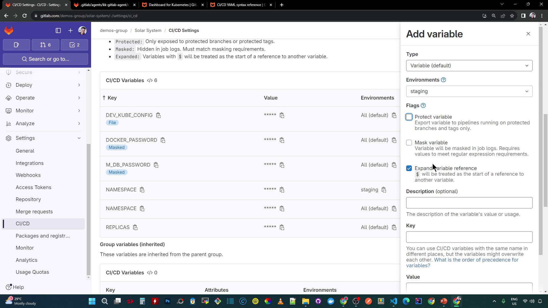 The image shows a GitLab CI/CD settings page with a list of environment variables, some of which are masked. There's also a sidebar for adding a new variable with options for type, environment, and flags.