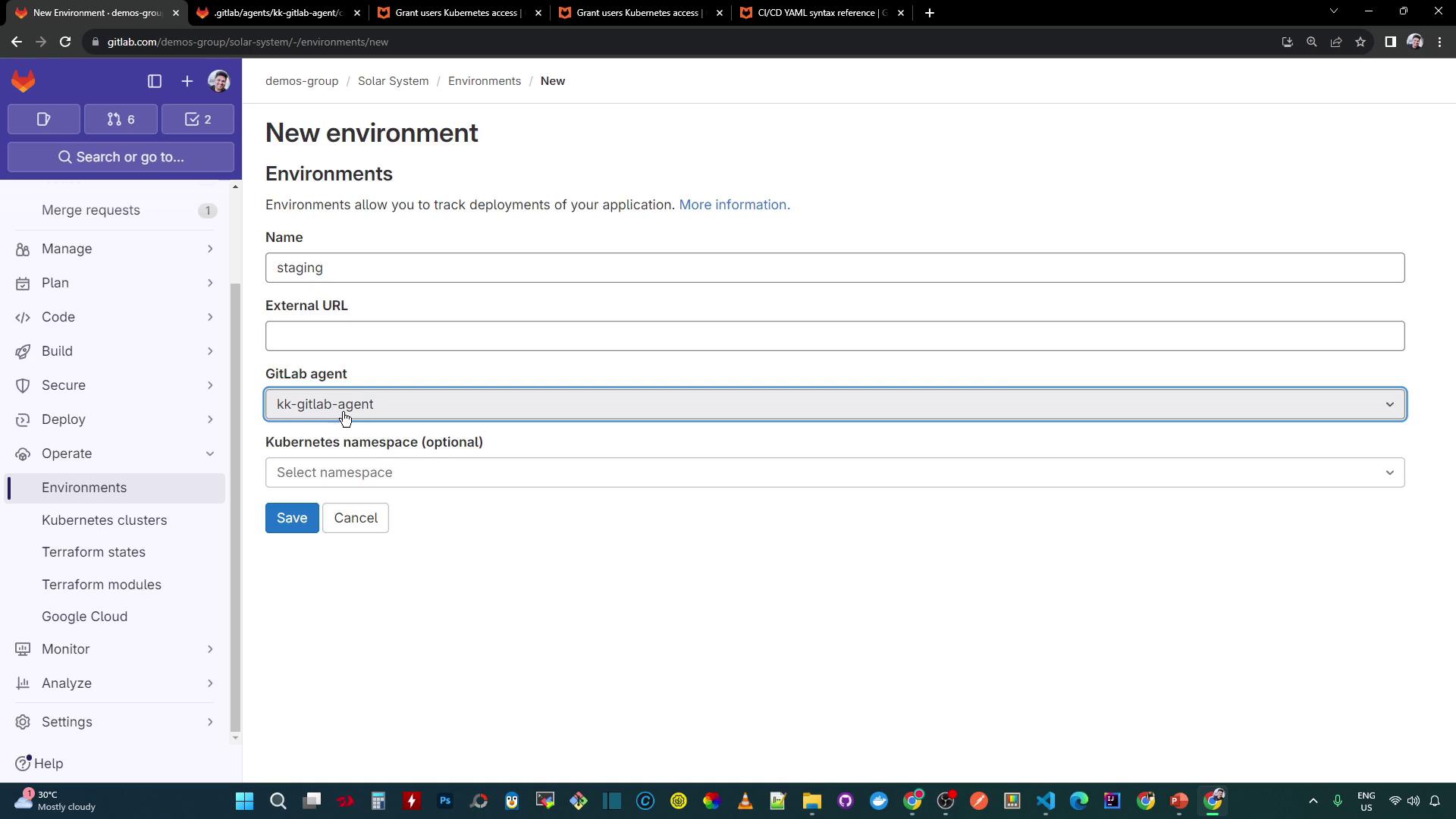 The image shows a GitLab interface for creating a new environment, with fields for the environment name, external URL, GitLab agent, and an optional Kubernetes namespace.