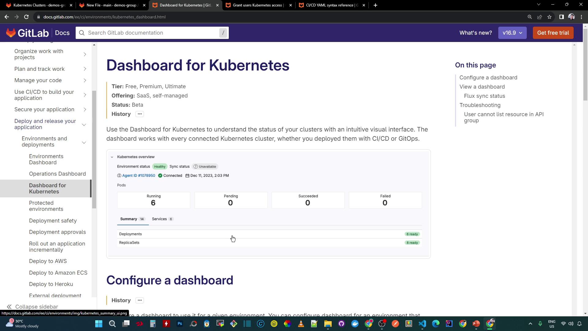 The image shows a GitLab documentation page for the "Dashboard for Kubernetes," detailing its features and usage. It includes a sidebar with navigation options and a section on configuring and viewing the dashboard.