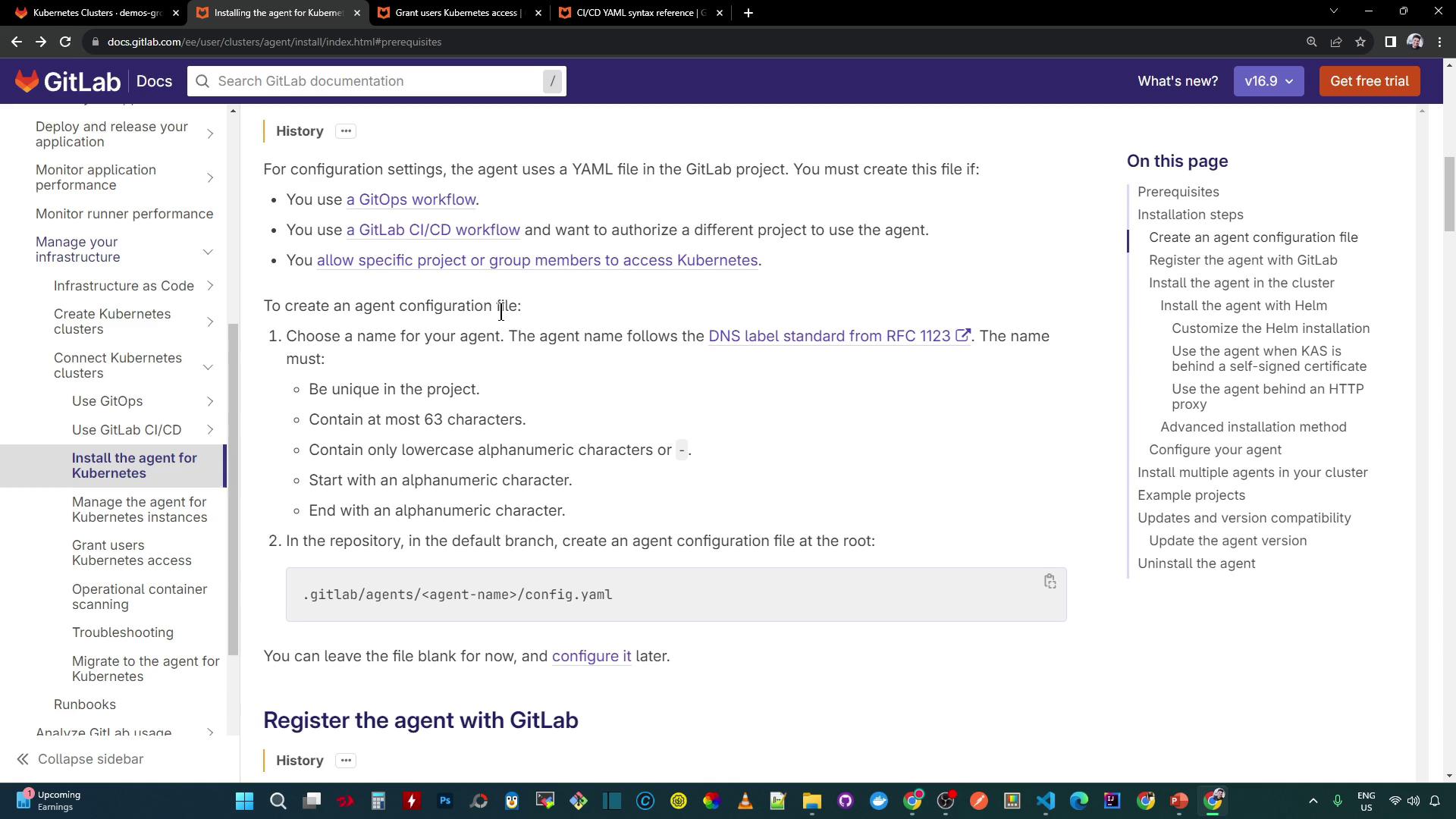 The image shows a GitLab documentation page about installing an agent for Kubernetes, with instructions on creating an agent configuration file. The sidebar lists related topics and installation steps.