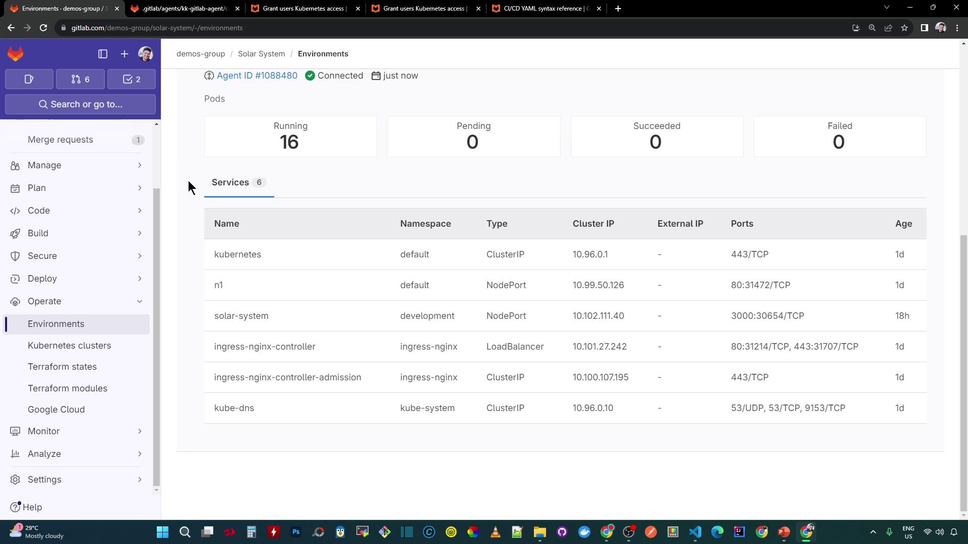 The image shows a GitLab environment dashboard displaying Kubernetes services, including details like name, namespace, type, cluster IP, external IP, ports, and age. The sidebar on the left includes navigation options such as Merge requests, Manage, Plan, Code, and more.